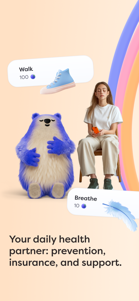 Alan Health Insurance - A woman and a friendly blue creature meditating with icons for walking and breathing health activities.
