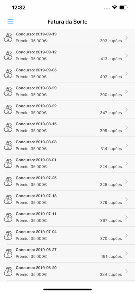 eFatura - Lista de sorteios da loteria fiscal portuguesa com datas e cupons no aplicativo eFatura