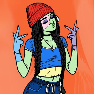 realistic teenage girl with braids and a beanie and crop top doing 🫶🏼