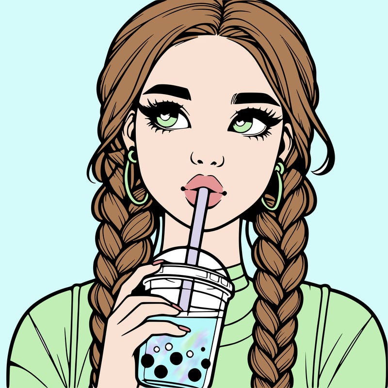realistic girl with braided hair drinking boba