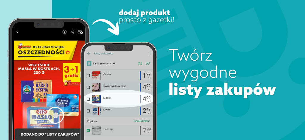 Blix - Gazetki Promocyjne - Smartphone screens showing the Blix app feature for adding items from a digital circular to a shopping list