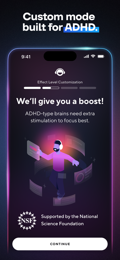 全米科学財団が支援する、ADHD向けカスタム集中モードを表示するBrain.fmアプリのインターフェース