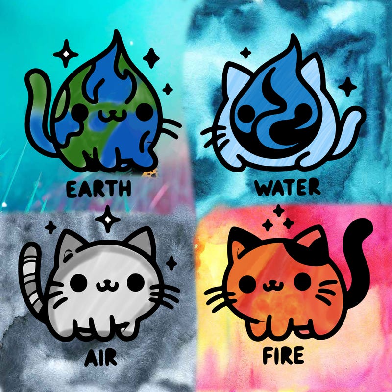 4 cats that represent the different elements, earth, water, air, and fire