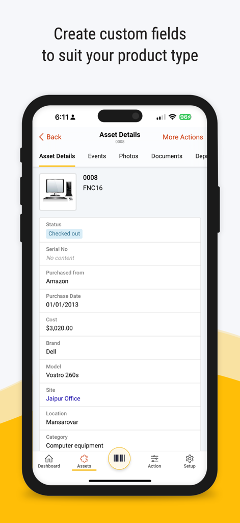 Screenshot of Asset Tiger app displaying detailed asset information with custom fields for a computer inventory item.