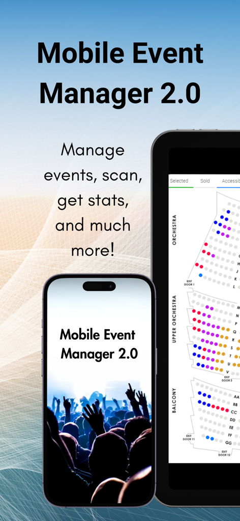 Mobile Event Manager 2.0 - Mobile Event Manager 2.0 App-Oberfläche auf iPhone und iPad, die einen Sitzplan und Eventmanagement-Funktionen zeigt.