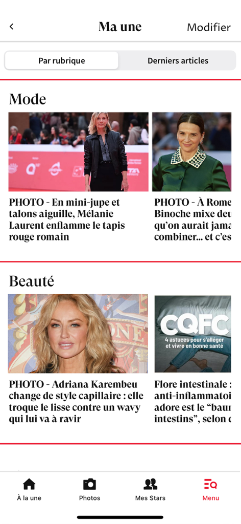 Oberfläche der Gala-App, die Nachrichtenartikel in den Kategorien Mode und Beauty mit Promi-Fotos anzeigt.