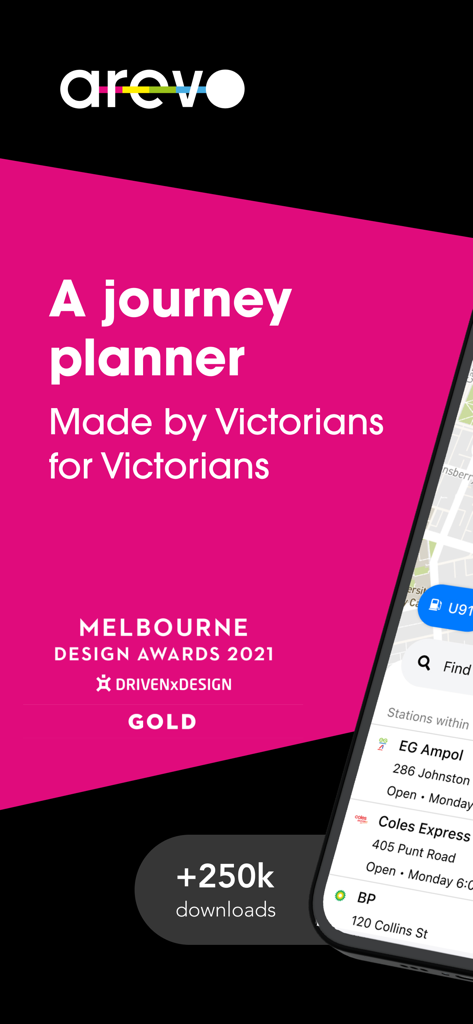 Arevo: VIC Journey Planner - Arevo journey planner app promotion showing fuel finder interface and Melbourne Design Award Gold status