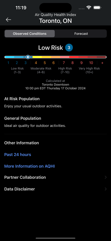 Air Quality Health Index screen in WeatherCAN app for Toronto showing low risk level