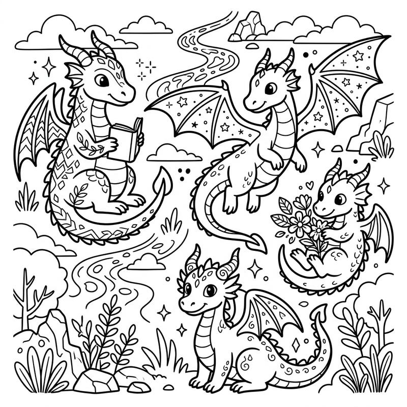 Enter an enchanting realm filled with charming dragon characters ready for a splash of color! This delightful coloring page is perfect for young artists eager to bring mythical creatures to life.