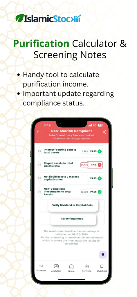 Mobile app interface showing the purification calculator and shariah compliance screening results for an Indian company.