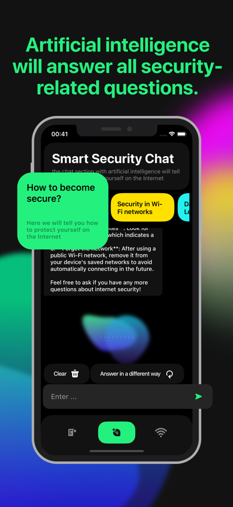 Smart Security Chat interface in the Safe In Way app showing an AI assistant answering a question about how to become secure online.