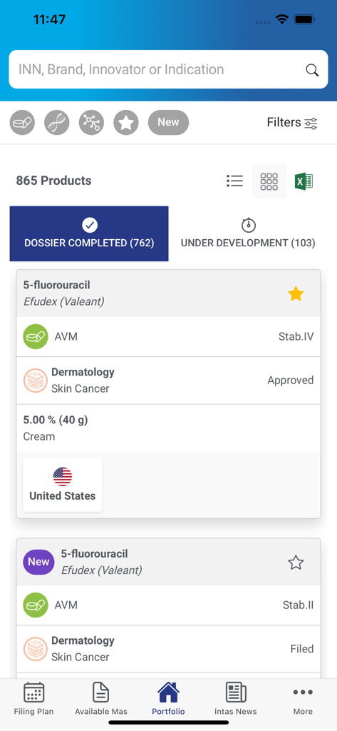 Elenco del portafoglio prodotti nell'app Intas B2B Dossier che mostra i dossier farmaceutici completati.