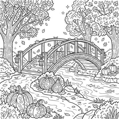 Step into a serene autumn landscape featuring a charming pedestrian bridge surrounded by the season's beauty. This intricate coloring page invites you to bring the vibrant hues of fall to life, from falling leaves to decorative pumpkins.