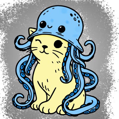 cat sitting down wearing an octopus hat with the octopus tentacles falling on the side of it’s body