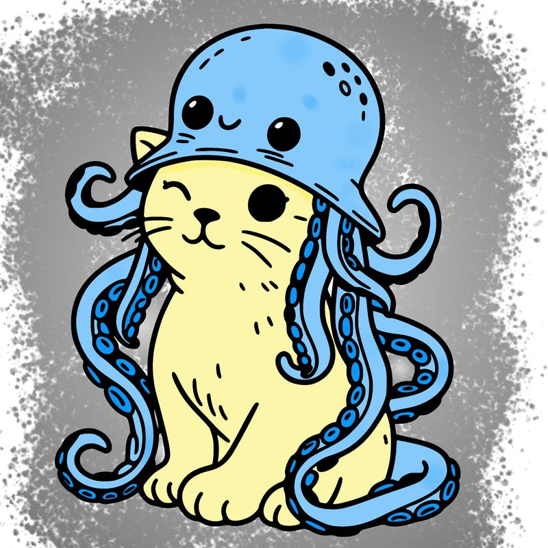 cat sitting down wearing an octopus hat with the octopus tentacles falling on the side of it’s body