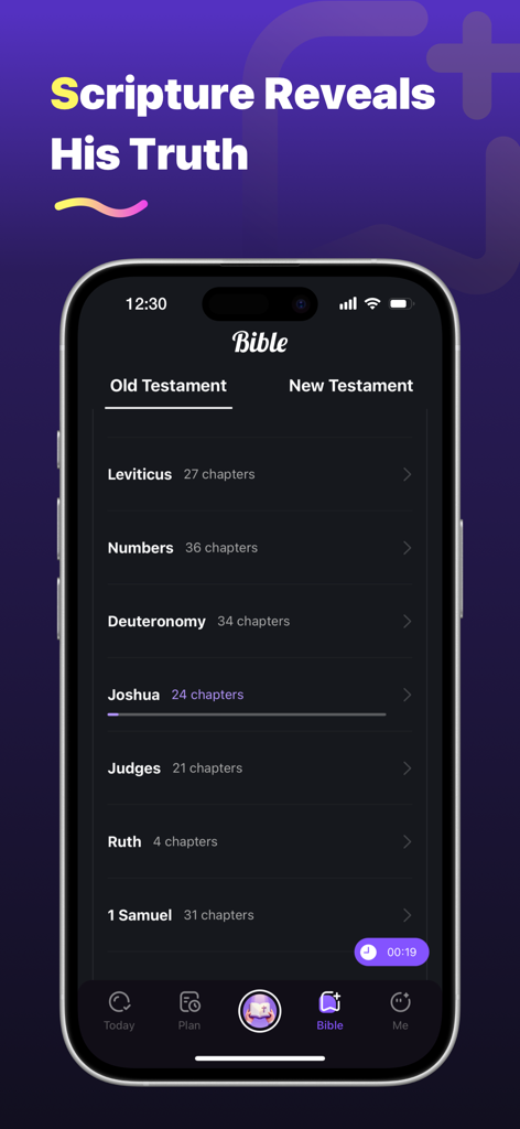FaithStudy – Bible Study Guide - A mobile interface for the FaithStudy app showing a list of Old Testament books with their chapter counts