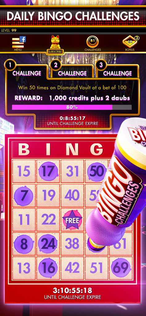 Slots DoubleDown Fort Knox - Pantalla de desafíos diarios de Bingo en Slots DoubleDown Fort Knox mostrando un cartón de bingo y recompensas de progreso