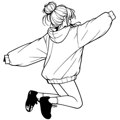 realistic girl jumping with a bun and oversized sweatshirt