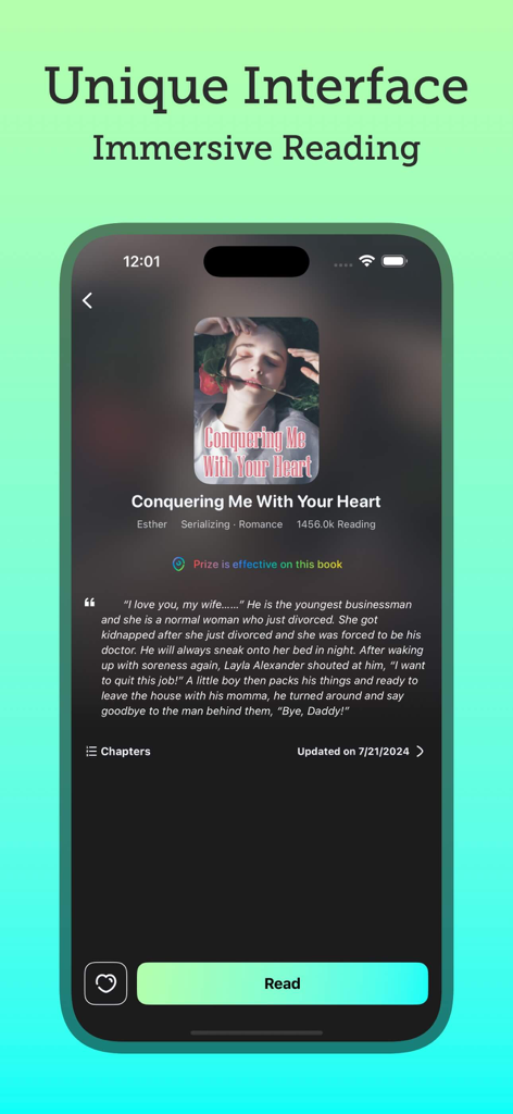 Stars Novel - Curated Stories - Stars Novel app interface showing a romance book summary and an immersive reading mode