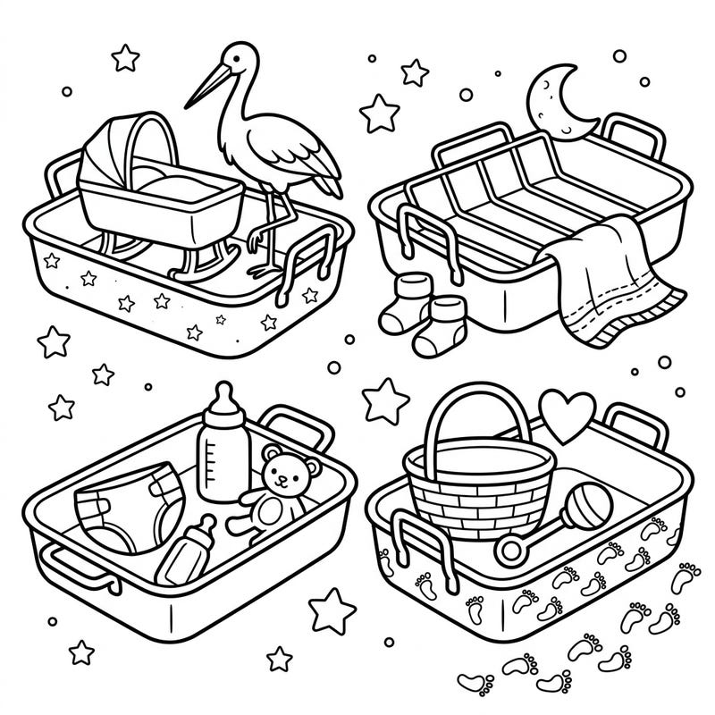 Discover a charming collection of baby shower themed roasting pans, each adorned with delightful nursery items like storks and cradles. This unique coloring page offers a heartwarming way to celebrate the arrival of a new little one.