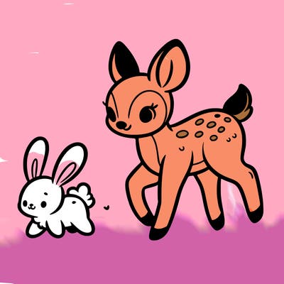 a fawn walking with a cute bunny