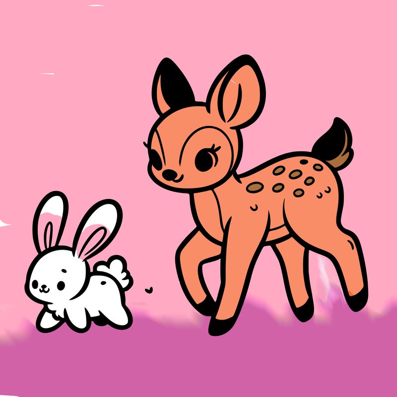a fawn walking with a cute bunny
