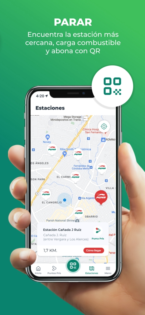 Puma PRIS (PA) - Smartphone-Bildschirm mit der Karte des Puma PRIS App-Tankstellenfinders in Panama