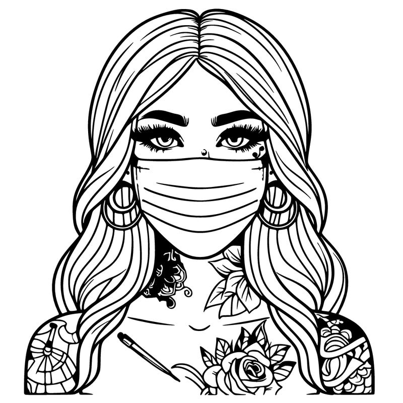 realistic woman with a face mask and realistic tattoos