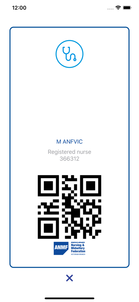 Digital membership card for a registered nurse featuring a QR code in the ANMF Diary App.