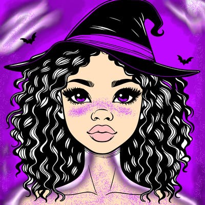 realistic black girl with wavy hair and witch hat and nose and lips