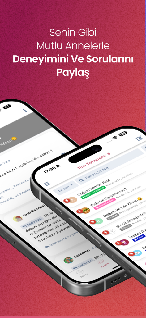 Two smartphones displaying the community forum of the Happy Kids app where parents share experiences and questions