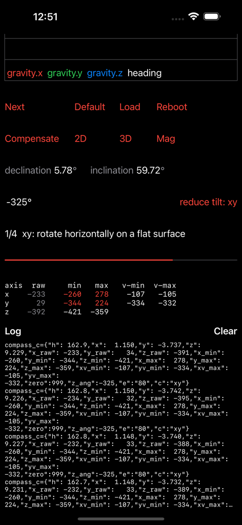 IoT sensors app interface showing compass calibration and JSON data logs
