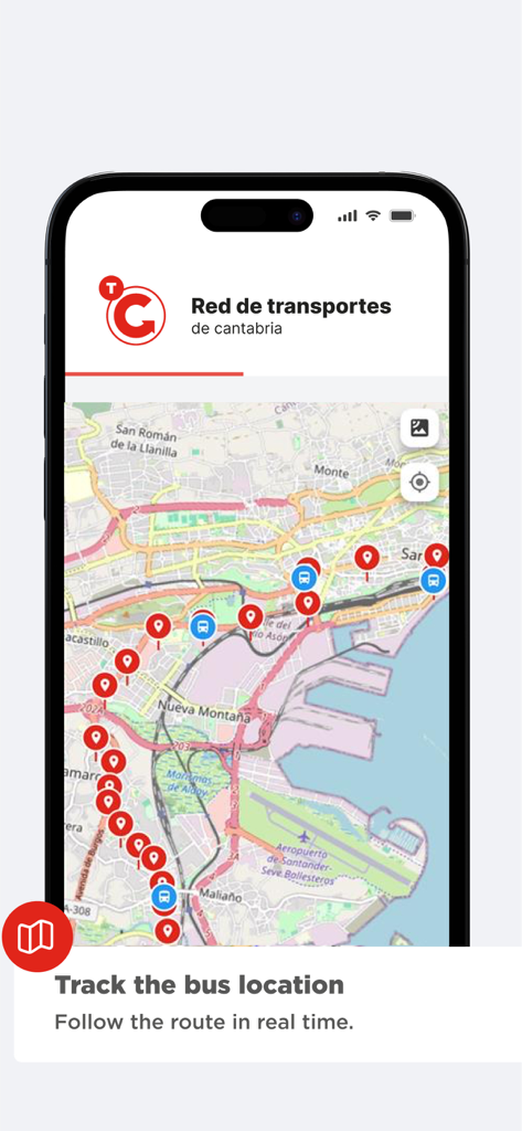 Horarios Transporte Cantabria - Mapa de seguimiento de autobuses en tiempo real en la aplicación de transporte de Cantabria