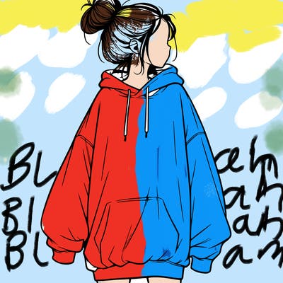 realistic girl with a oversized sweatshirt on and a bun