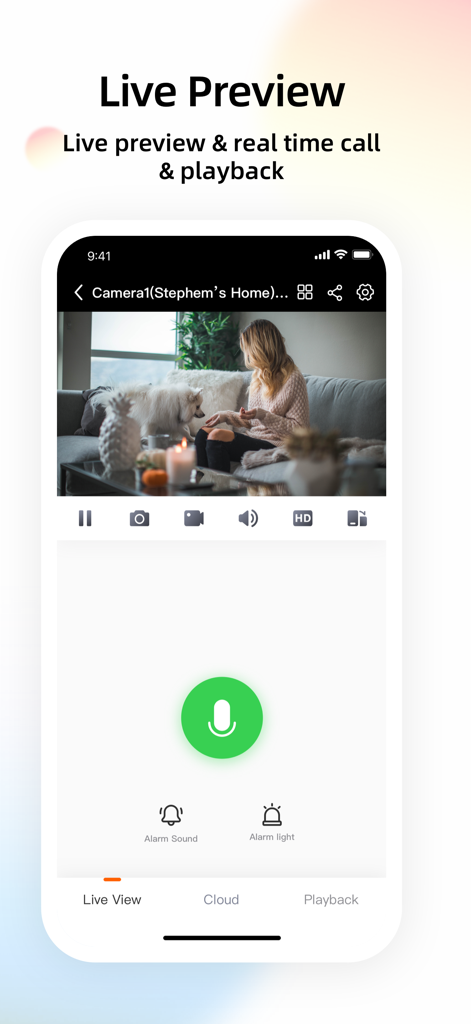 LongVision - LongVision mobile app interface showing a live security camera feed of a home interior