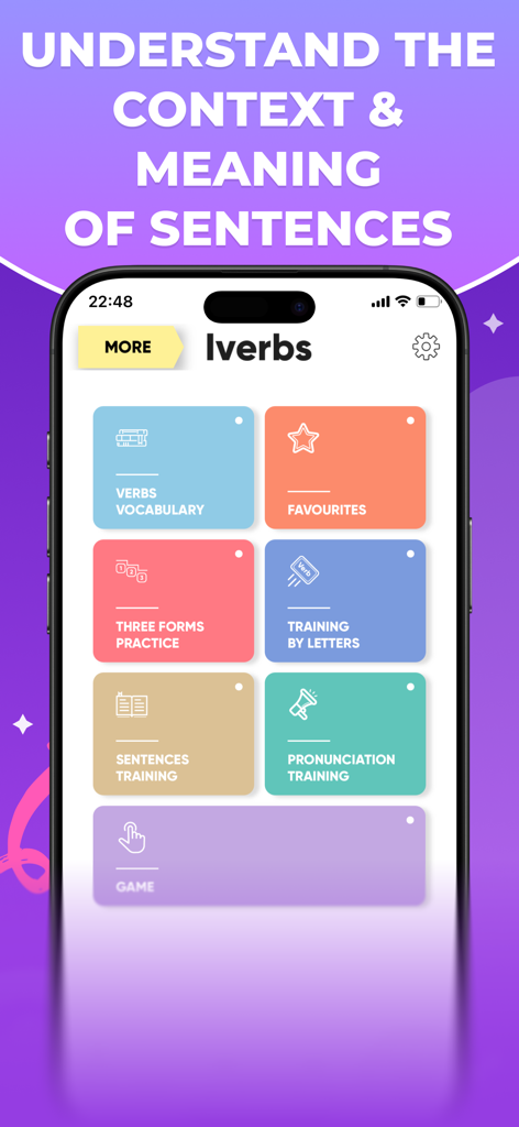 Main dashboard of the IVERBS English learning app showing modules for verbs vocabulary practice and pronunciation