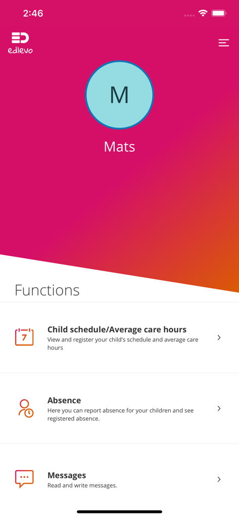 Edlevo - Interface of the Edlevo app showing parent functions like child schedule and absence reporting