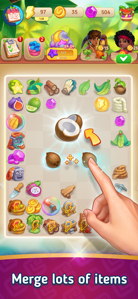 Merge Islanders: Tropical Town - Una mano fusionando dos mitades de coco en un tablero de puzle en Merge Islanders Tropical Town.