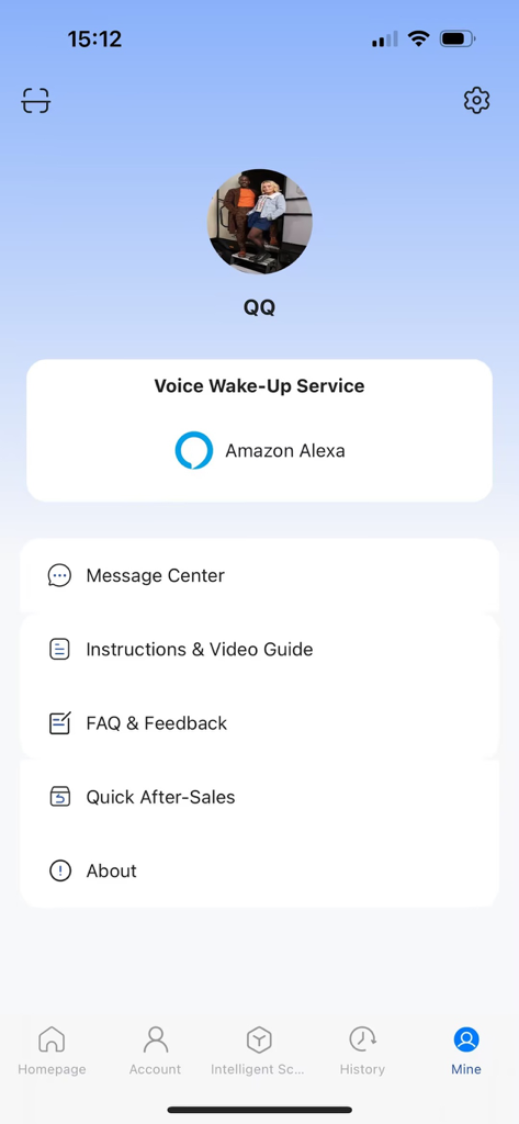 ZUMI - ZUMI app user account screen showing Alexa voice wake-up service and customer support options