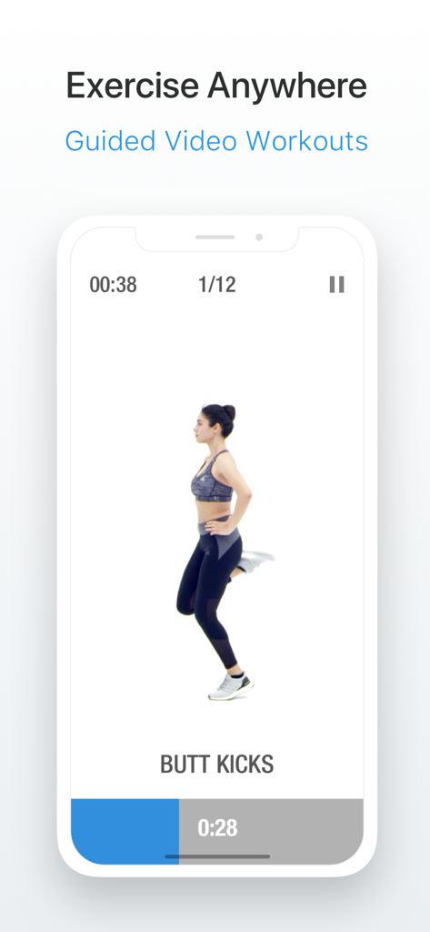 Smartphone screen displaying a guided video workout for butt kicks exercise
