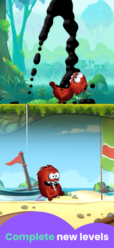 Party Games: for Kids - A red monster character catching black oil in a cartoon jungle and beach setting with the text Complete new levels