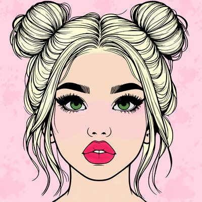 realistic girl with two buns on her hair and lips
