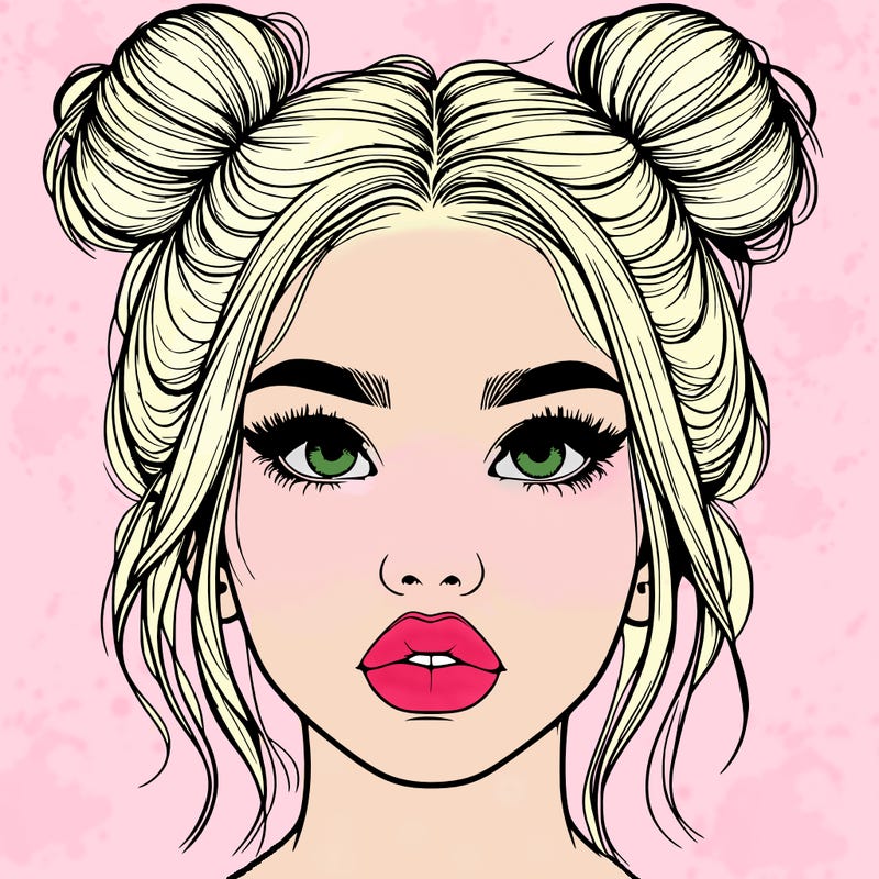 realistic girl with two buns on her hair and lips