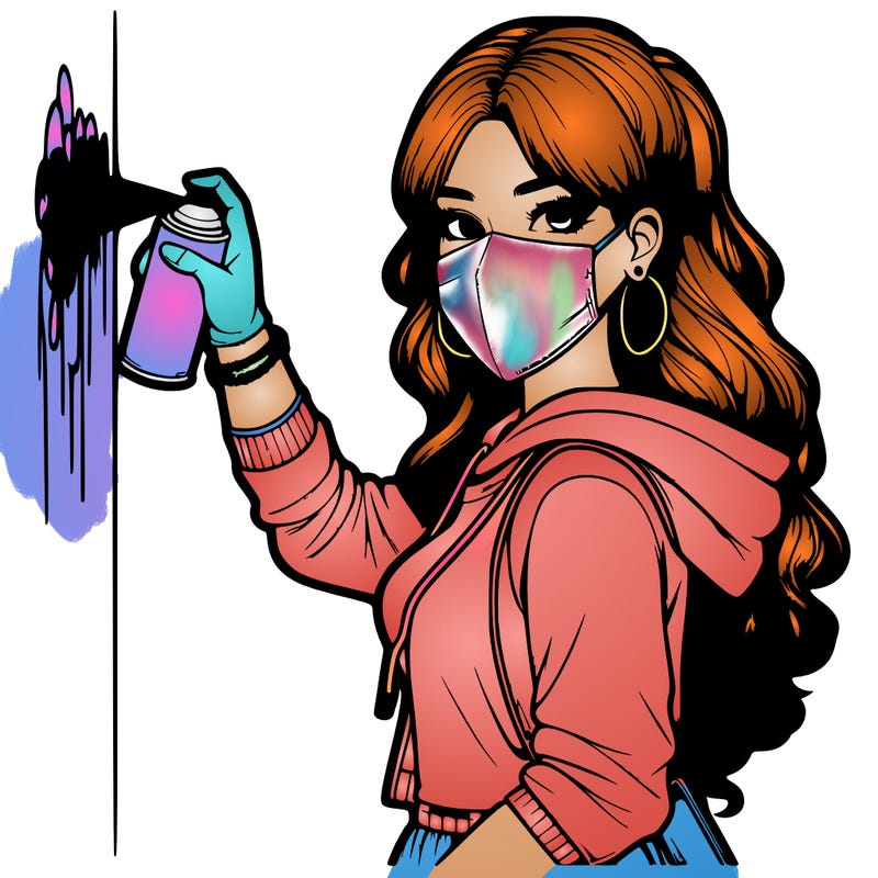 realistic girl with mask spray painting a wall