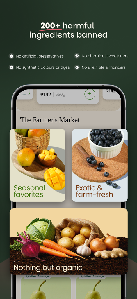 FirstClub: Quality in minutes - 신선한 유기농 채소와 깨끗한 라벨 품질 기준을 표시하는 FirstClub 앱 인터페이스