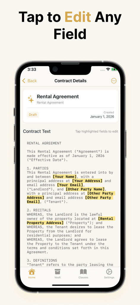 Contract Maker - AI Generator - Mobile app interface showing editable fields in a rental agreement template