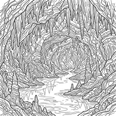 Uncover the serene beauty of an underground world with this intricate adult coloring page. Featuring a tranquil subterranean lake surrounded by detailed cave formations, it offers a deeply immersive coloring experience.