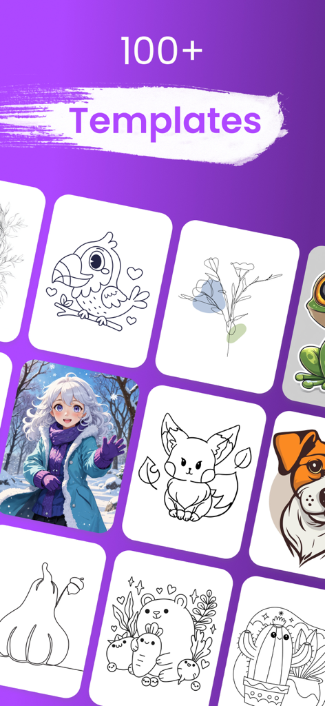 AR Drawing: Sketch Trace Paint - A collection of over 100 drawing templates featuring anime characters, animals, and flowers for tracing and sketching.