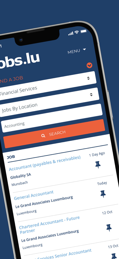 jobs.lu – Job Search App - Mobile App-Bildschirm, der Jobsuche-Filter und Stellenangebote für Buchhalter in Luxemburg zeigt