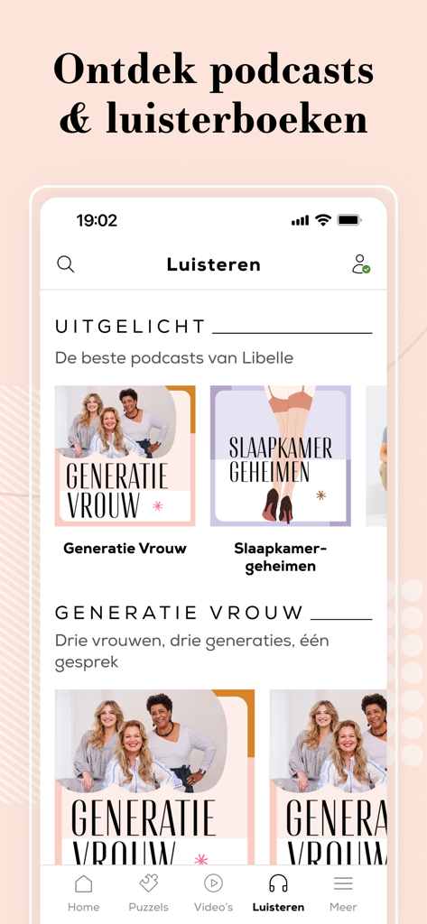 Captura de tela do aplicativo Libelle mostrando a seção de podcasts e audiolivros com vários programas para mulheres.